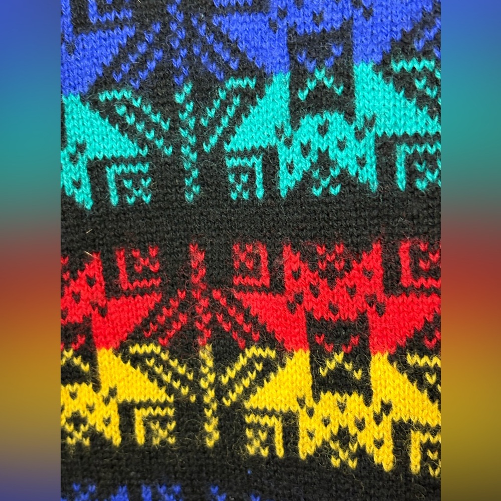 Vintage Cambridge Dry Goods Shetland Wool Black Rainbow Star Snowflake Sweater M - Picture 15 of 16